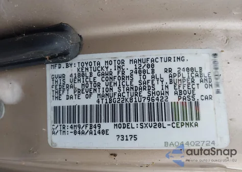 2001 Toyota Camry Le from USA, damaged, VIN 4T1BG22K81U796422